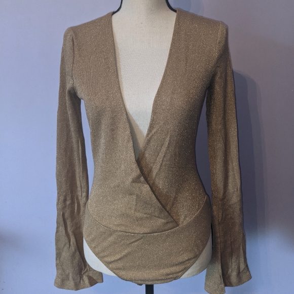 Bec & Bridge Glitter Gal Bodysuit, Deep Plunge Top, Deep V, Gold, NWT - Picture 2 of 8
